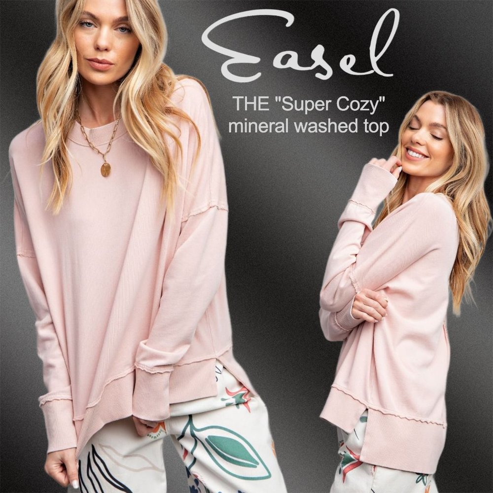 EASEL "SUPER COZY" Mineral Washed Distressed Seams Long Sleeved Top W/Side Slits